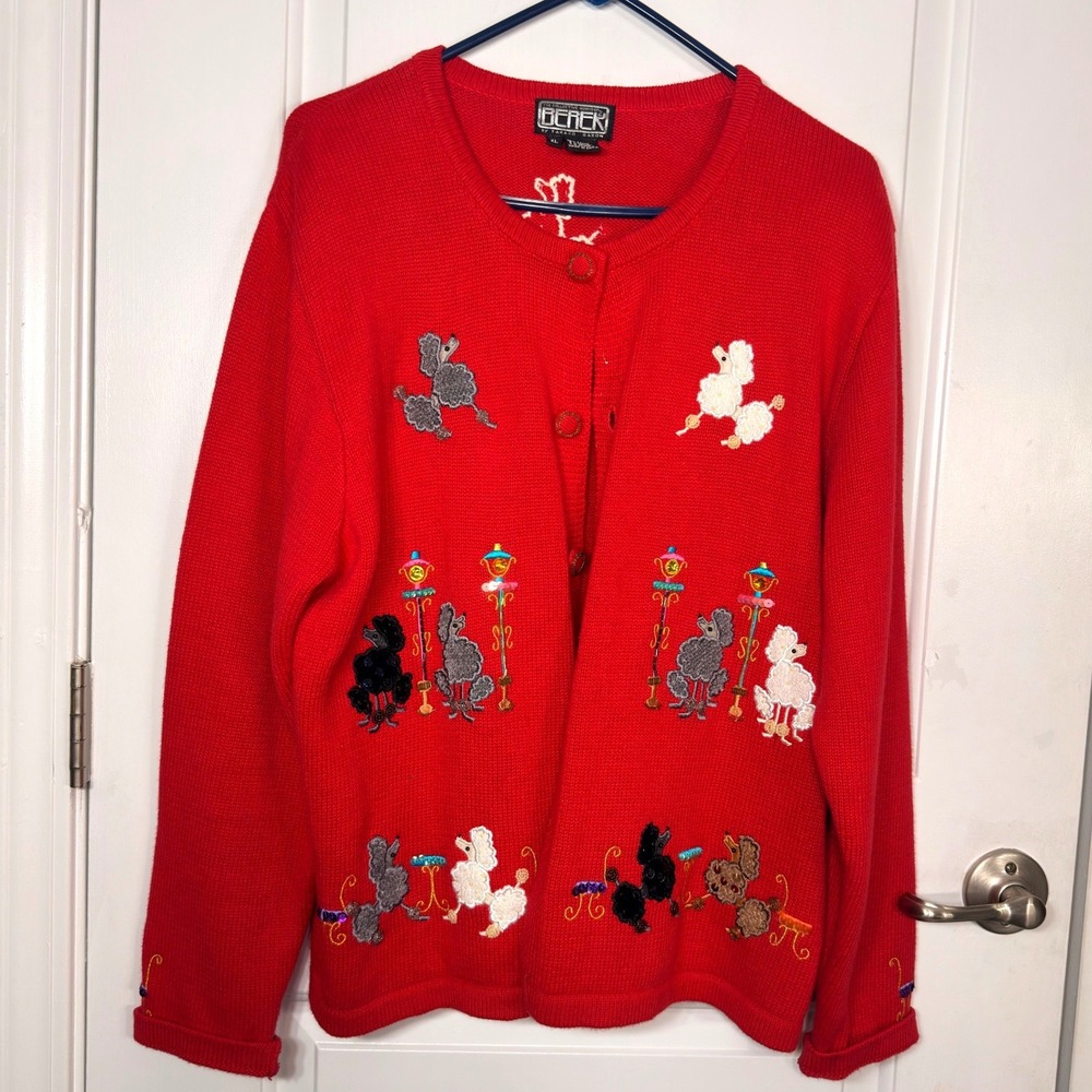 Berek Vintage Poodle Embroidered Cardigan Sweater Red Novelty Knit XL